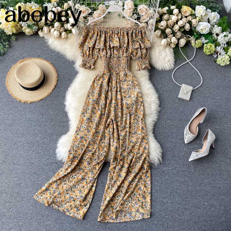 

Vintage floral print 2020 Slim ruffles sexy off shoulder Summer Full Length Jumpsuit Women High Waist Playsuit beach Romper, Blue