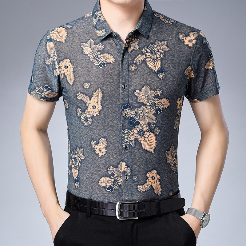 

C-6631 Floral leaves pattern printing fashion short sleeve shirt Summer New quality smooth breathable icy luxury men shirt -3XL, As picture