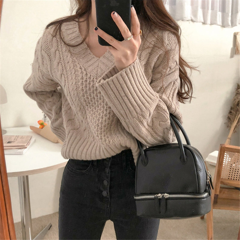 

Loose Sweater 2019 Fashion Casual Women Brief Knitted Warm Pullovers Chic Soft V-Neck All-Match Elegant Solid Fresh Sweaters, Grey