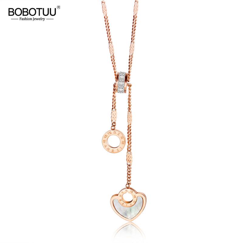 

BOBOTUU Roman Numeral Circle Heart Stainless Steel Women Wedding Necklace Jewelry Fashion Lady Charm CZ Choker Necklace BOGX1477
