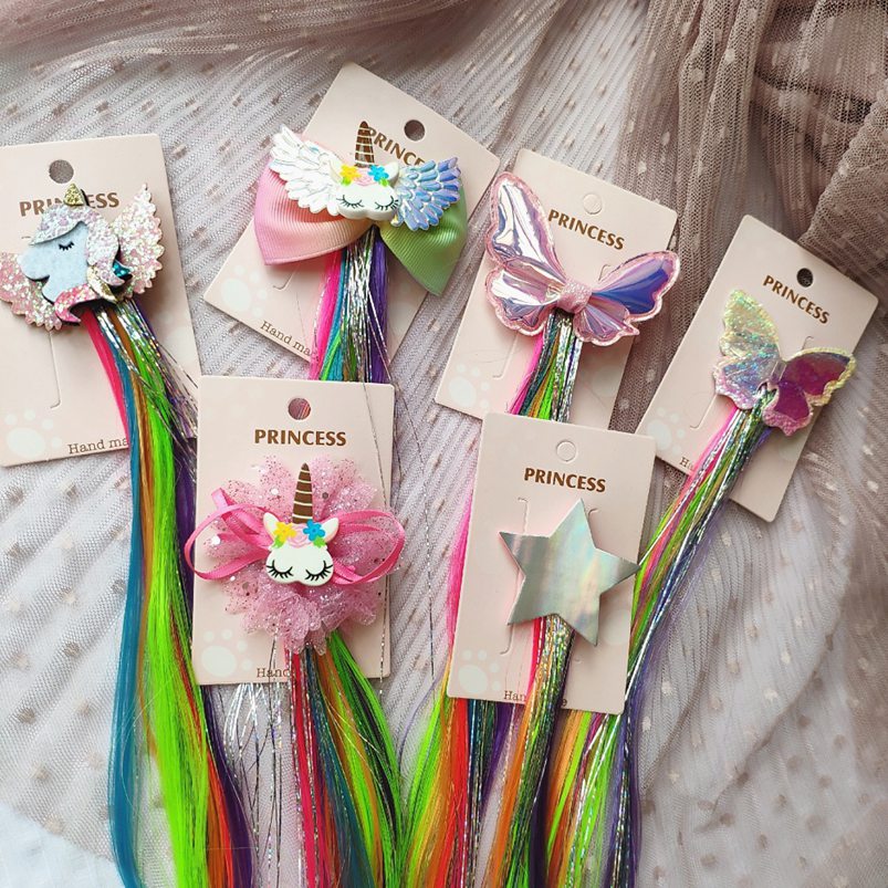 

Hair Extensions Wig for Kids Girls Ponytails Unicorn Head Bows Clips Bobby Pins Hairpin Barrette Hair Accessories 0123, Random color