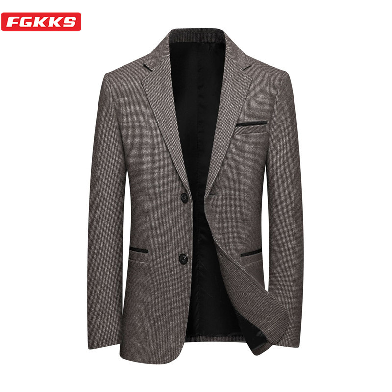 

FGKKS Spring Autumn New Men Casual Blazers Fashion Brand Men's Plaid Business Woolen Suit Jacket Slim Fit Wild Blazers Male, Khaki