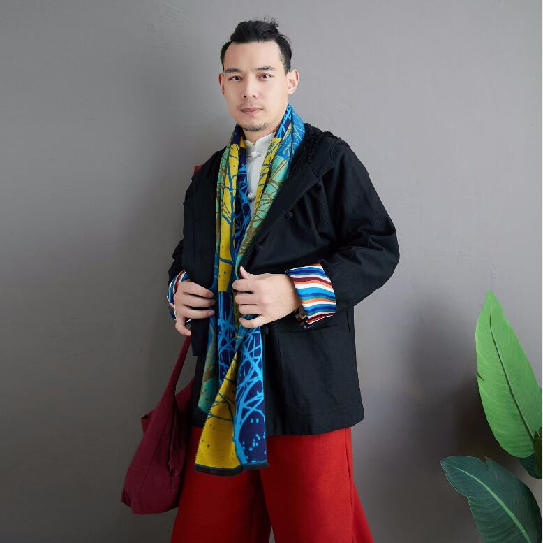 

New winter Plush wave Hoodie retro Chinese Yunnan Ethnic minority Style Men's tang cotton suit loose casual cotton tang clothing with hat