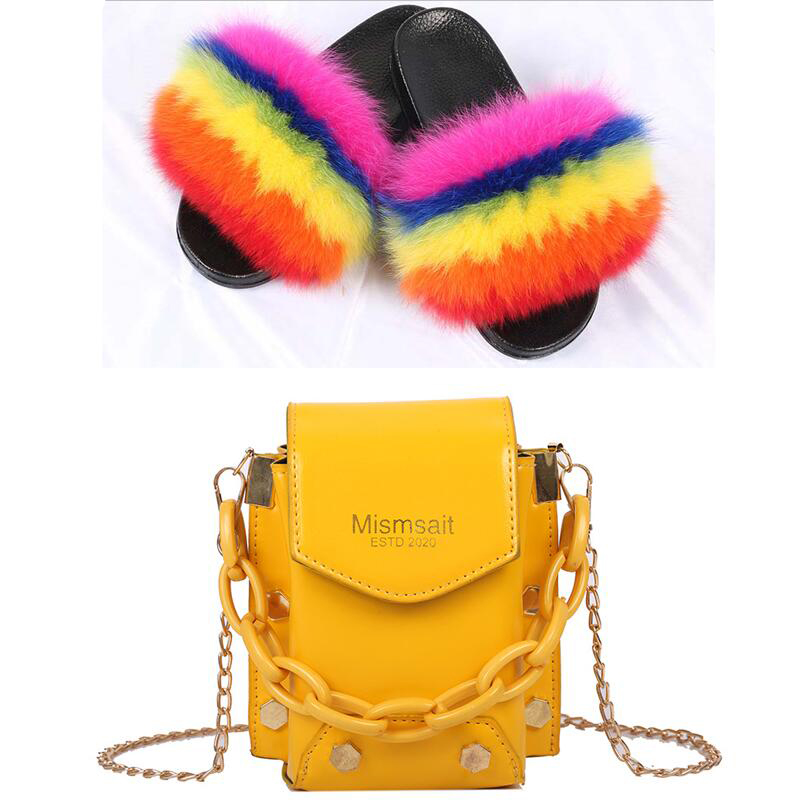 

Women Shoulder Chain Bag Fashion Messenger Square Bag Ladies Fur Slides Furry Indoor Slippers Fluffy Fur Slides Set, As the picture shows