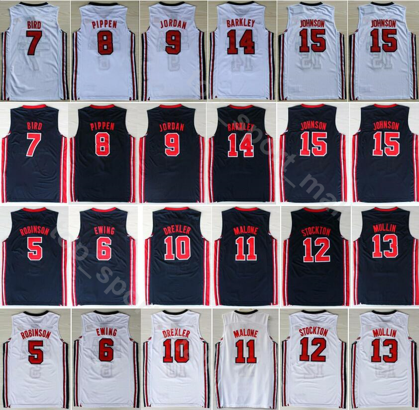 

1992 US Team One Basketball 12 John Stockton Jersey Navy Blue White 4 Christian Laettner 11 Karl Malone 13 Chris Mullin 15 Johnson American