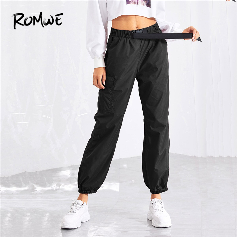 

Romwe Pocket Side Drawstring Waist Pants Women Casual Autumn Fashion Bottoms Female Sporty Elastic Waist Trousers Y19070301, Black;white