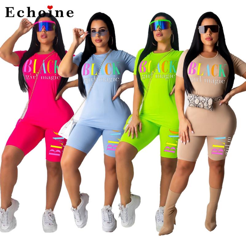 Femmes 2 Pics Set Lettre T-shirt imprimé Casual Survêtement Pantalon motard court de remise en forme colorée assortis Streetwear Set costumes fém