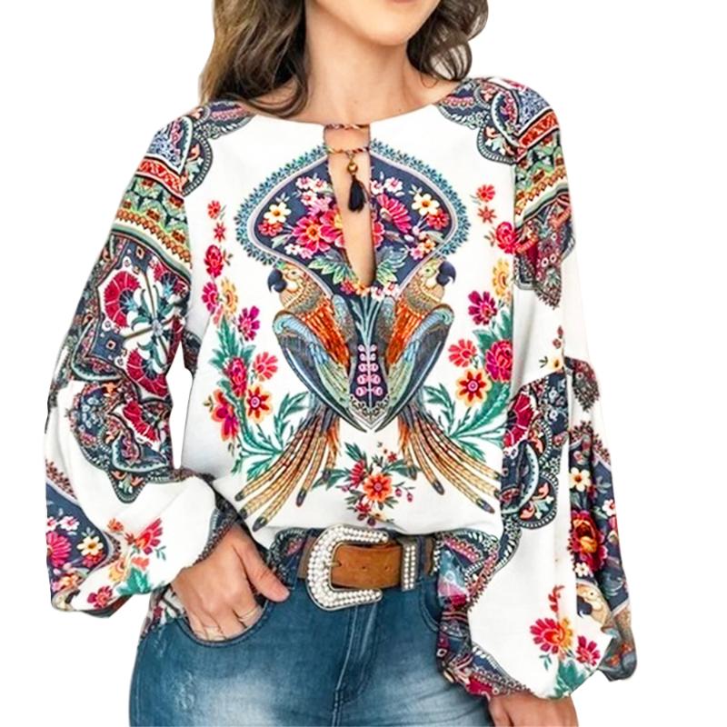 

2020 Casual Vintage Shirt Blouse Women Printed Lantern Sleeve Plus Size Womens Tops Loose V Neck Blusas Mujer De Moda, Pink