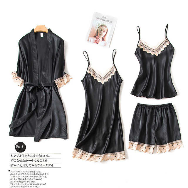 

Black Silk Pajamas For Women Sexy Lace Trimmed Nightwear Satin Pajamas With Shorts 4-Piece Sleepwear Suits Casual Home Clothes, Brown