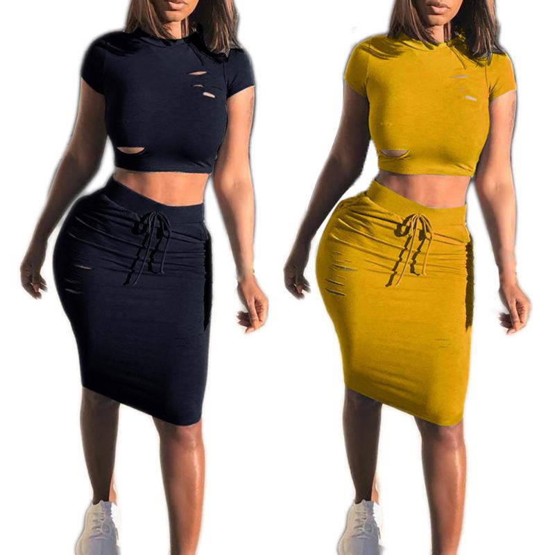 Summer Women Hollow Short-sleeved Two Sets Casual 2 Piece Set Club Outfit Sexy Party Dresses Night