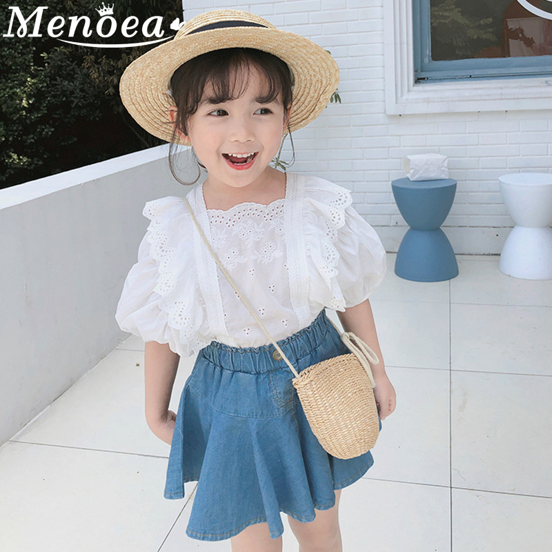 

Menoea Kids Denim Clothes 2020 New Summer Style Girl Solid-Color Pattern Short-Sleeve Clothes Denim Skirt Sets, Ax1134 blue