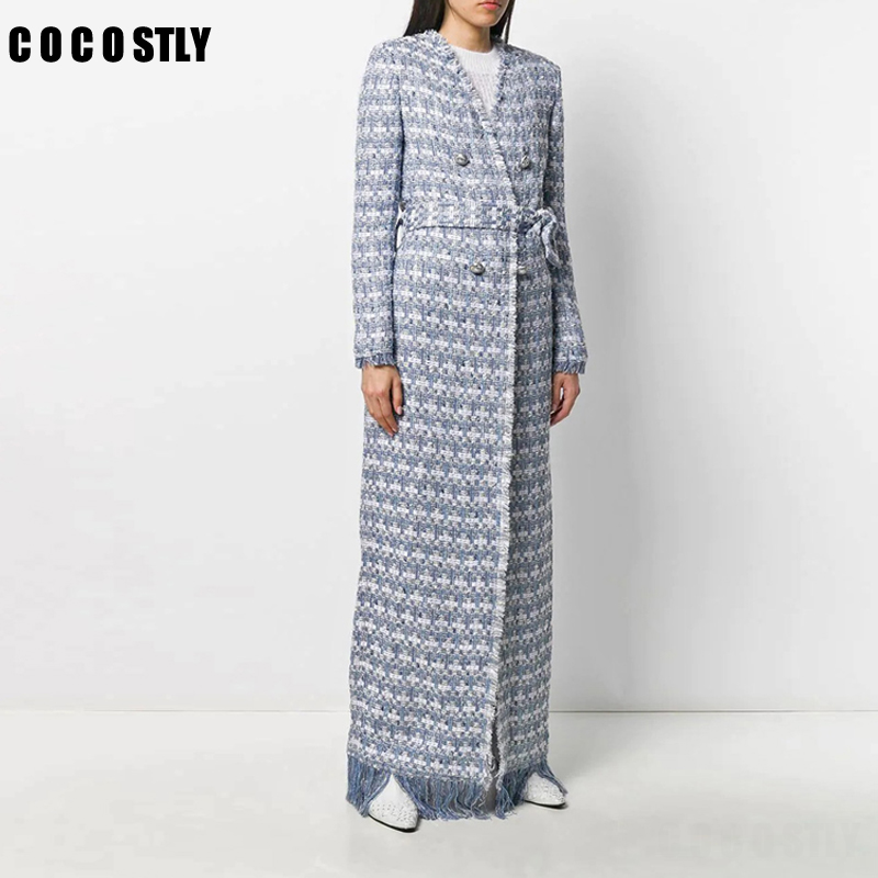 

2020 Autumn Winter Coat Women Double Breasted Tassel Tweed Coat Plaid Tweed X-Long Top Coats Belt Elegant Overcoat, Blue