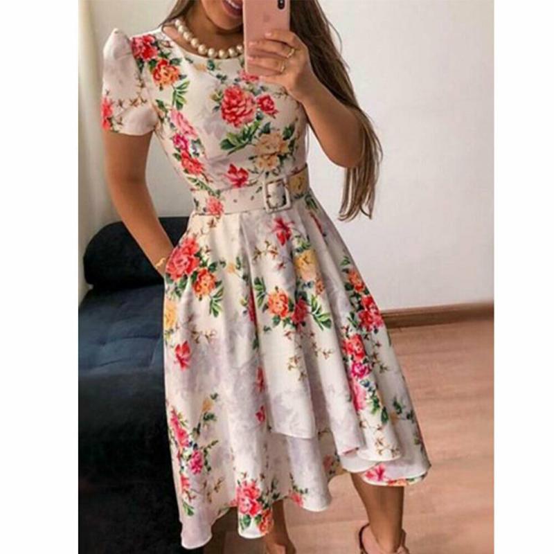 

Fashion Women Summer Boho Floral Print Midi Dress Elegant Ladies Short Sleeve Holiday Beach Casual Dress Sundress, Blue