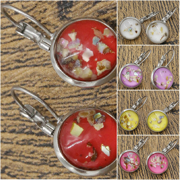 

14*26mm 2.5g 8Colors Fashion Gold/Silver Plated Cabochon Opal Shell Sea Hoop Amber Stainless steel Earrings New Jewelry for Women Girl Brith, Golden;silver