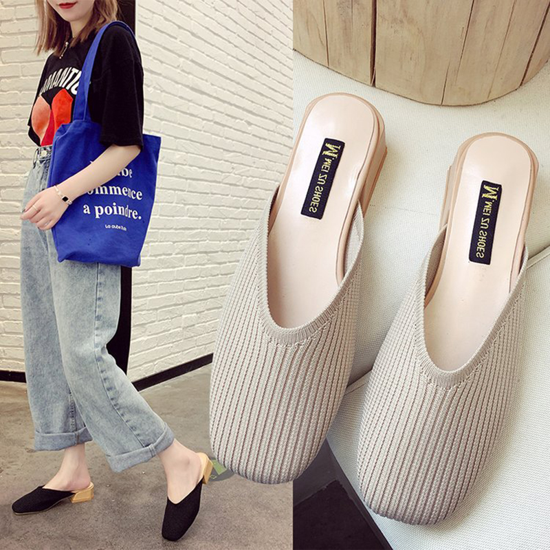 

square toe weave slingback sandals knitted close toe med-high heels mules women slides breathable lazy slip on slippers cozy, Black