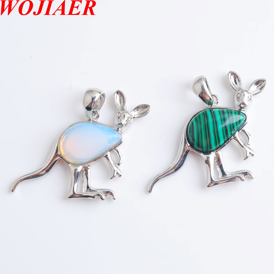 WOJIAER New Cute Animal Kangaroo Pendant Necklaces Water Drop Natural Stone Pink Quartz Crystal Fashion Jewelry for Women Girls BE907-image-786760508