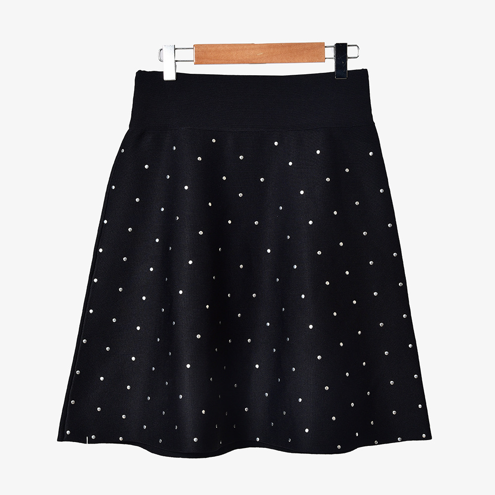 

2019 Fall Winter Black Pure Color Knitted Beaded Above Knee Short Mini Women Fashion Skirt & Skirts D25161111S