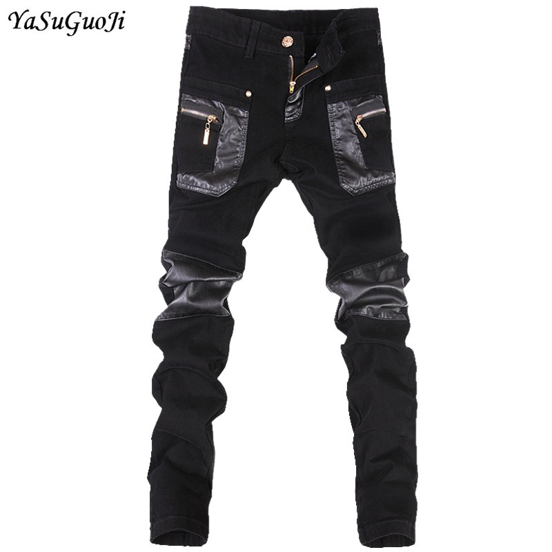 

New 2018 punk style fashion slim fit pu leather patchwork streetwear skinny jeans men hiphop pencil pants men PK6-8, Black 10-8