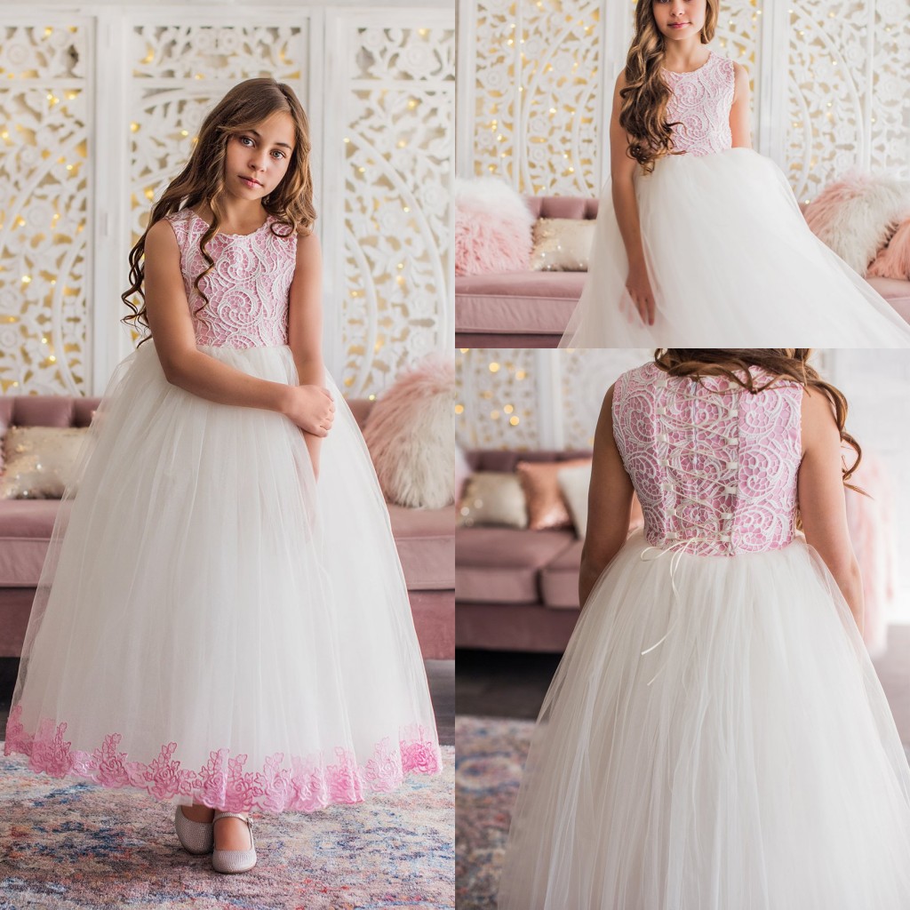 

Lovely Armoniia Ball Gown Flower Girl Dress Jewel Neck Sleeveless Tulle Lace Applique Ruched Wedding Dress Ankle Length Girl's Birthday Part, White