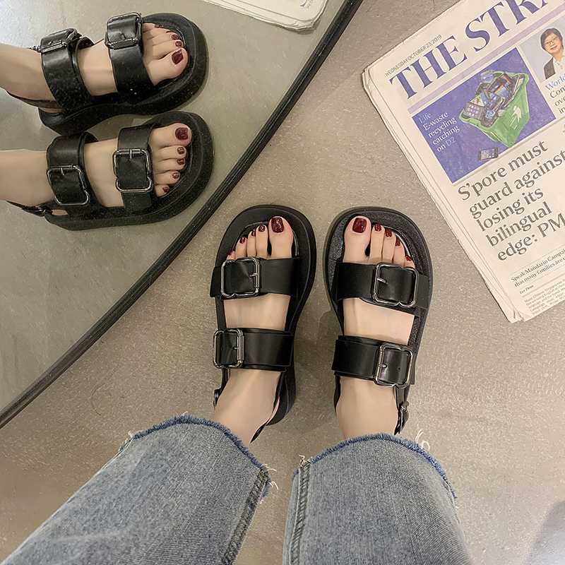 

Sandals female 2020 new Korean summer fashion wild belt buckle open toe thick bottom net red fairy Roman shoes, Black