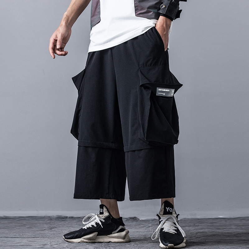 

New Wide-Leg Hip Hop Pants Men Pants Fashion Men Joggers Drawstring Harem Loose Summer Trousers, Black