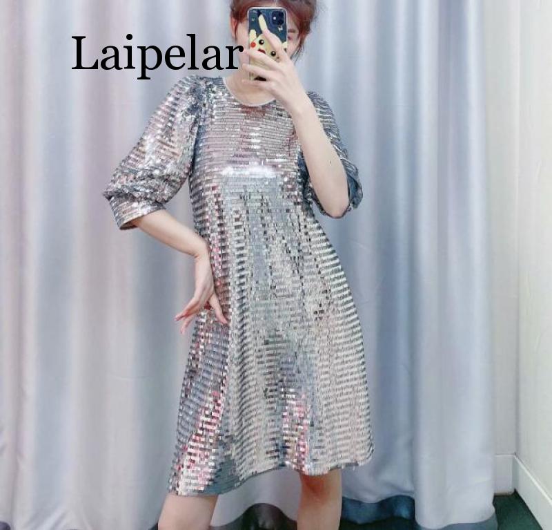 

Sequin Round Neck Silver Dress Female Party Club Glitter Dress Autumn Shine Women Fashion Casual Vintage Vestidos