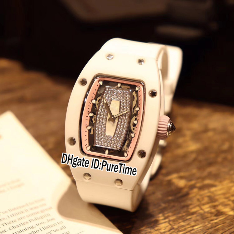 

New RM007-1 RM07-1 Miyota Automatic Womens Watch White Ceramic Case Pink Inner Diamond Skeleton Dial Rubber Ladies Watches Puretime E72b2, Original box