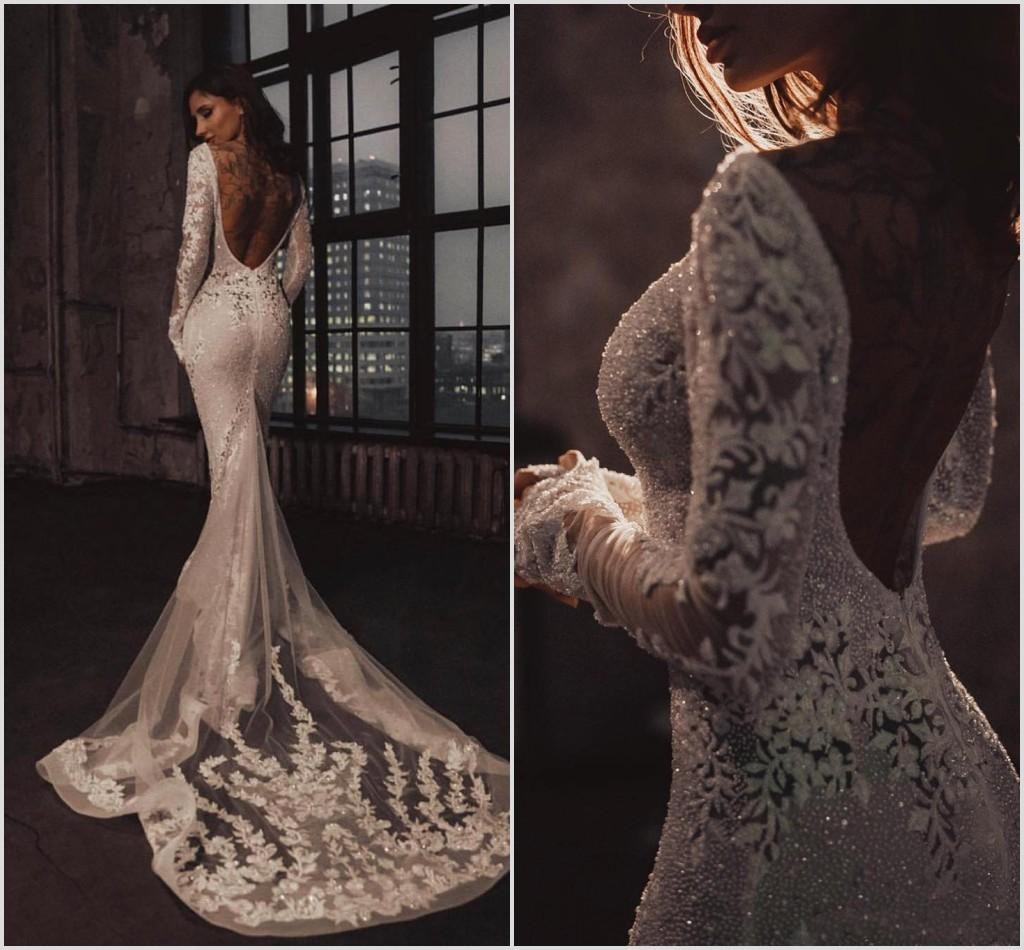 

2020 Luxury Major Beading Mermaid Wedding Dresses Long Sleeve Lace Appliques Backless Bling Bling Bridal Gowns Chapel robe de mariée, Same as image