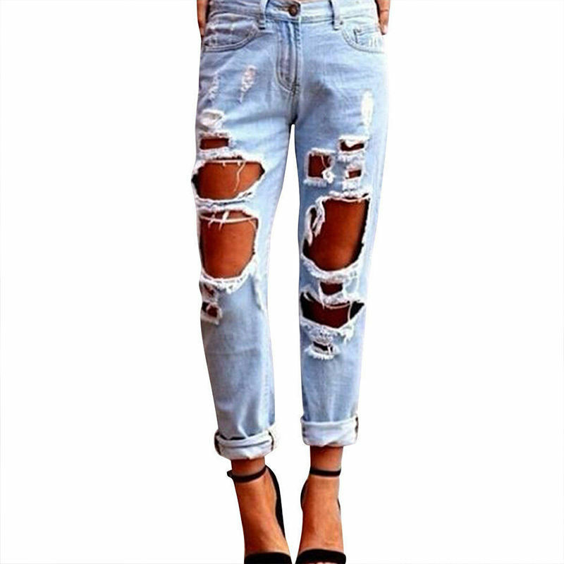 2020 Newest Style Women's Sexy Women's Summer Waist High Pants Jeans Destroyed Torn Cool Slim Pants Jeans Blue Pants Songsanding