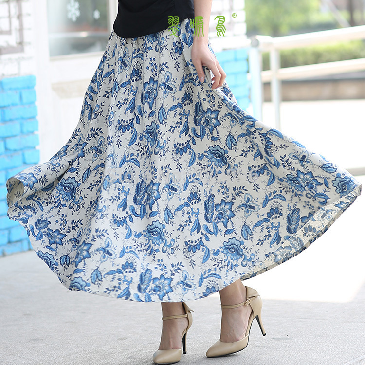 

Shanghai Story Blend Linen Long Skirt Spring Skirt Chinese Style blue and white porcelain Skirts Casual vintage MQ718
