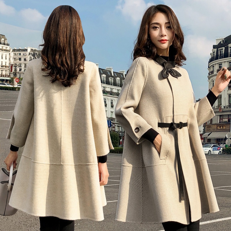 

Fashion Vintage Plaid Wool Overcoat Women Slim Belt Coats Autumn New Korean Women' Lovely Long Cloak Woolen Coat, Black
