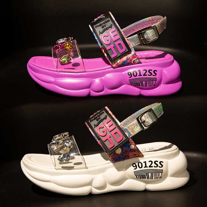 

5cm/1.95 inch Height Wedge Sandals White Beaded Womens sandals Flat Shoes Woman Rhinestone Female Thick Bottom, Lavender