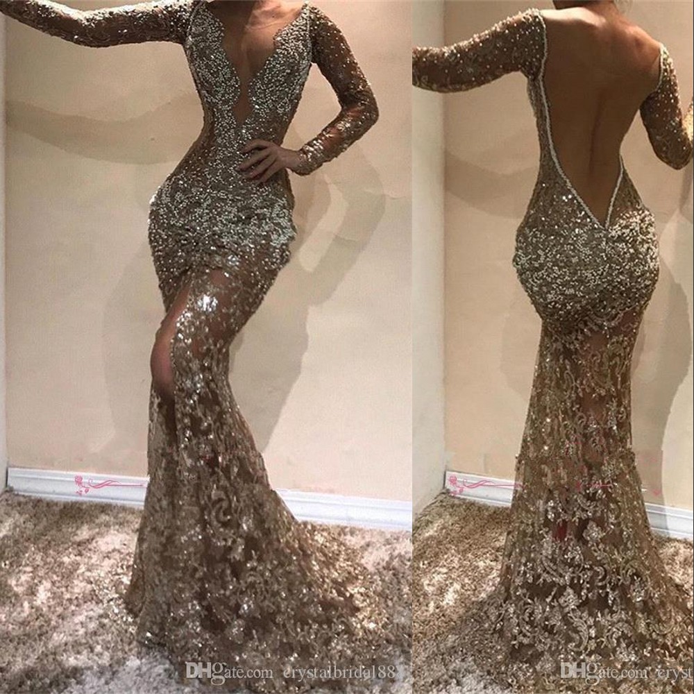

Sexy Bling Mermaid Prom Dresses Illusion Keyhole V Neck Lace Crystal Beaded Sexy Open Back Split Sweep Train Plus Size Party Evening Gowns, Gray
