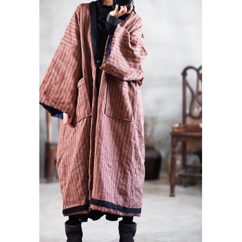 

Women Winter Striped Parkas 2020 Cotton Linen Thick Warm Big Size Pockets Long Coat Women Vintage Loose Parkas YoYiKamomo, Green