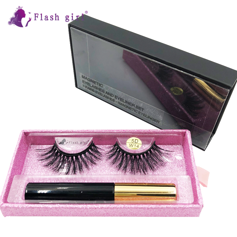 

Flash girl High Quality 1pair 5D mink Magnetic Eyelashes Luxury box Magnetic Liquid Eyeliner Magnetic False Eyelashes and Tweezer 5D-W14