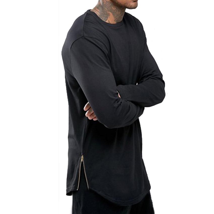 

2019 New Trends Men T shirts Super Longline Long Sleeve T-Shirt Hip Hop Arc hem With Curve Hem Side Zip Tops tee, Black no zipper