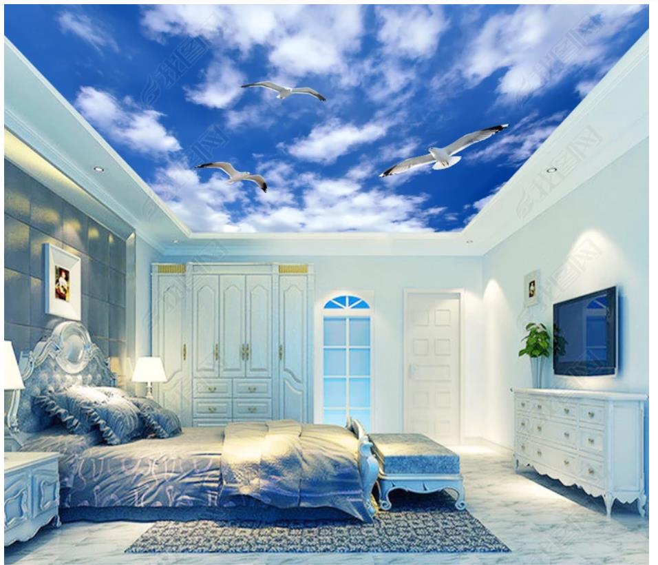 

Customized Large 3D photo wallpaper 3d ceiling murals wallpaper Beautiful blue sky blue sky white seagull zenith ceiling mural wall sticker, Customized size
