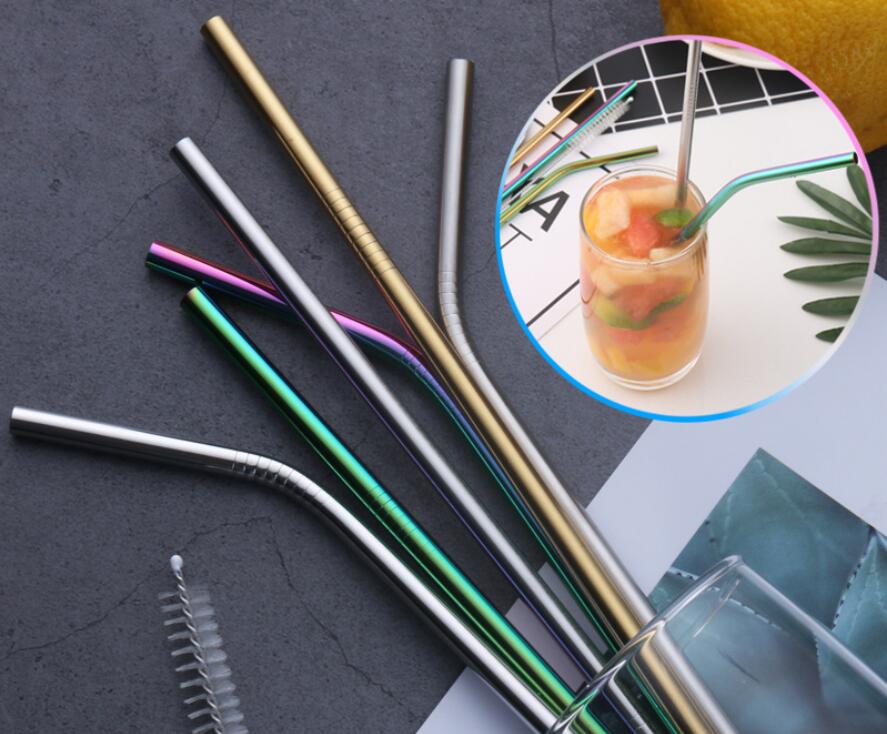 

6*215mm 304 Stainless Steel Straw Bent And Straight Reusable Colorful Straw Drinking Straws Metal Straw Cleaner Brush Bar Drinking Tool DHLl