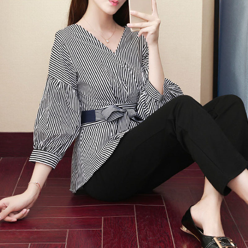2020 femmes automne col V à manches longues doux dessus + pantalon cheville longueur deux pièces Stripe élégant Femme Paramétrez Suit