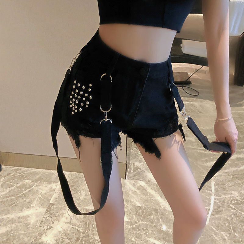 

Summer fashio trends Club Punk 2020 women Denim Mini Shorts women High Waist Wide Legged Tassel Hole Ripped hort Hot pants, Black