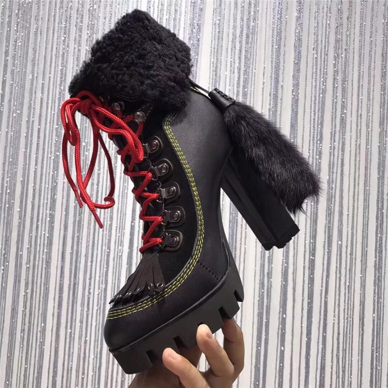 

Free shipping 2020 cowskin leather chunky high heels platform round toes SHOES Martin Booties Ankle boots lace-up black with black 35-41