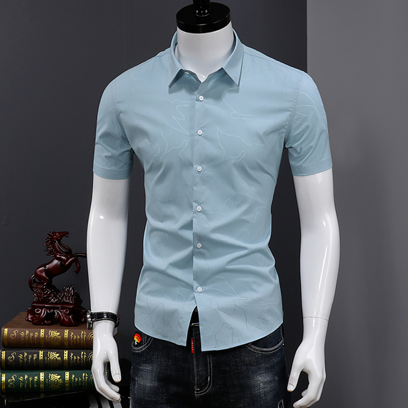 

2020 New Men Shirt Short Sleeve Social Dress Shirt Handsome Slim Fit Mens Clothing, Blue
