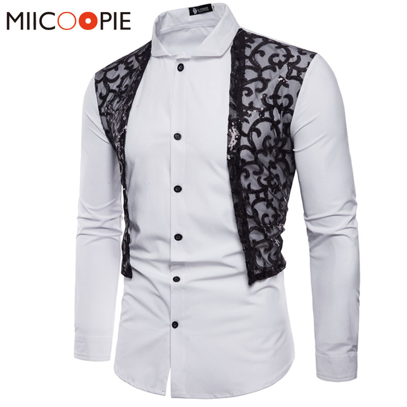 

Men Dress Shirt 2018 New Men Luxury Sequin Lace Decoration Business Casual Shirts Solid Long Sleeve Slim Camisa Masculina, Black
