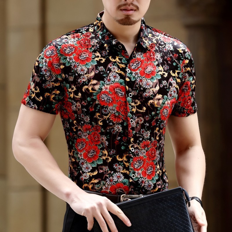 

Transparent Shirts Men Red New 2020 Summer Short Sleeve Slim Fit Rose Print Shirt Club Chemise Homme Camicia Sexy Men Camisa, As picture