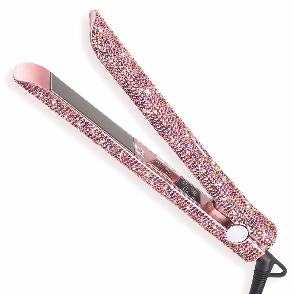 

Hot TOD-Rose Gold Hand Made Sparkling Crystal Diamond Rhinestone Lcd Digital Display Flat Iron Crystal Gems Titanium Hair Stra