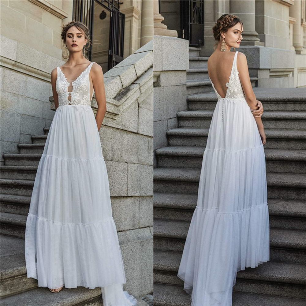 Elbeth Gillis 2021 Robes de mariée col en V Robes de mariée en dentelle appliques Personnalisées dos nu balayage train Une ligne Robe De Soiree