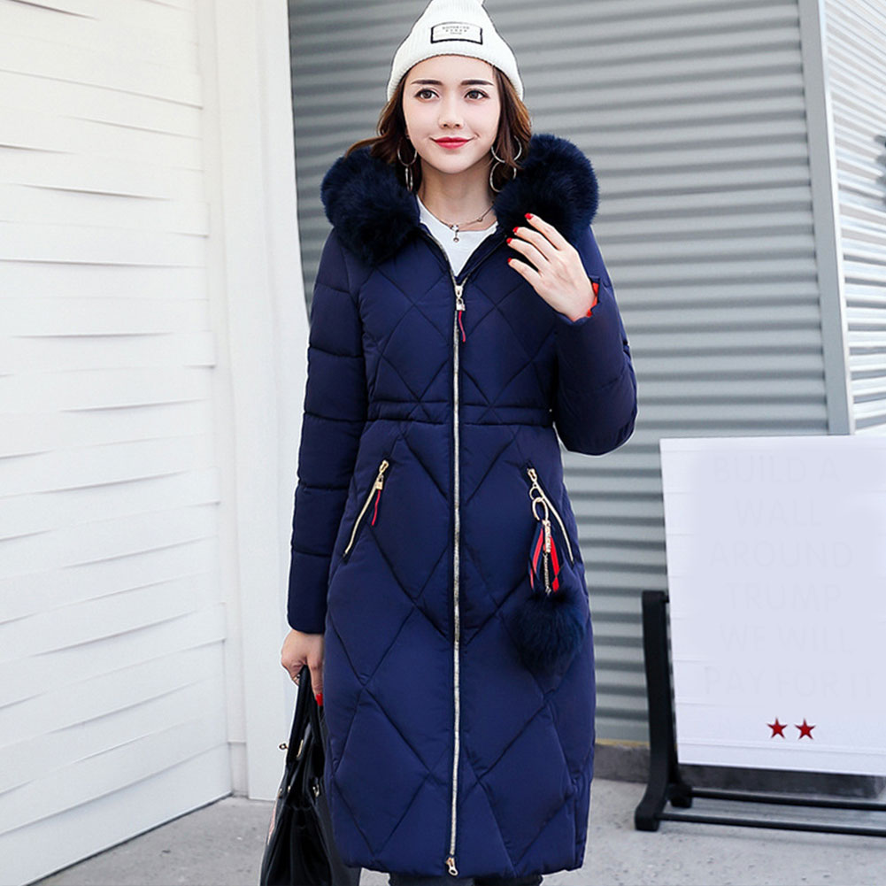 

Women winter keep warm long sleeve hooded fur collar thicker Slim solid color over the knee Cotton coat, Red