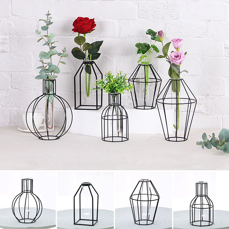 

Vases Flower Stand Wrought Iron Vase Hydroponic Home Decor Glass 4 Style Creative Flowerpot Test Tube
