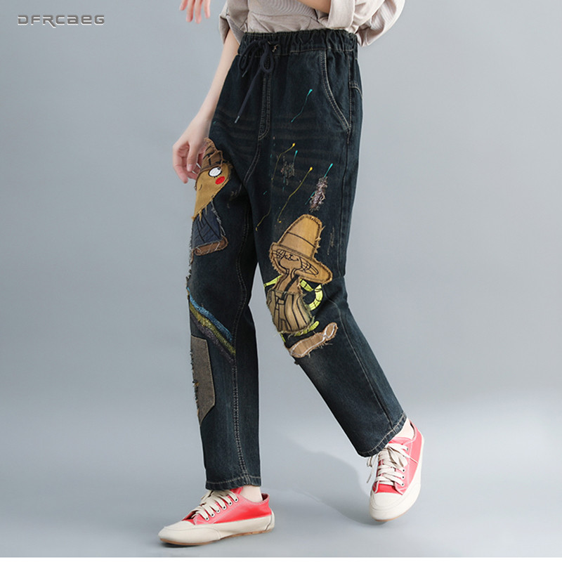 

Elastic Waist Plus Size Jeans For Women Boyfriend 2019 Autumn Loose Ladies Nine Length Retro Cartoon Cowboy Denim Harem Pants, Blue