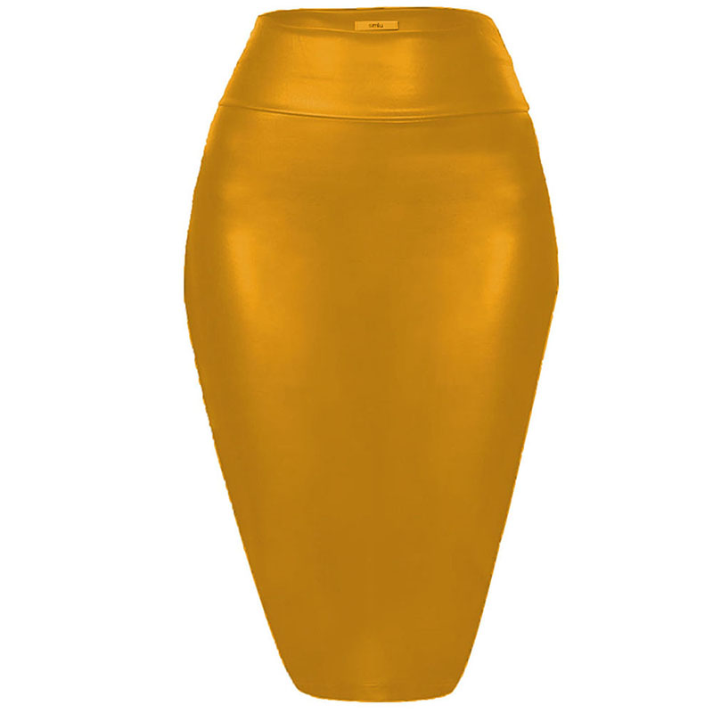 

17 Colors High Waist Knee Length Bandage Skirt Women Stretchy Faux Leather Midi Skirt Fashion All-match Shiny Color Streetwear, Black